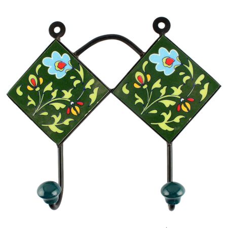 Forest Green Floral Ceramic Tile Hook